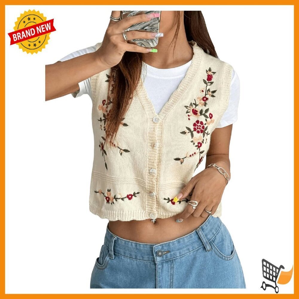 Women's Boho Flower Embroidered V-Neck Sleeveless Cardigan Vest Size Small